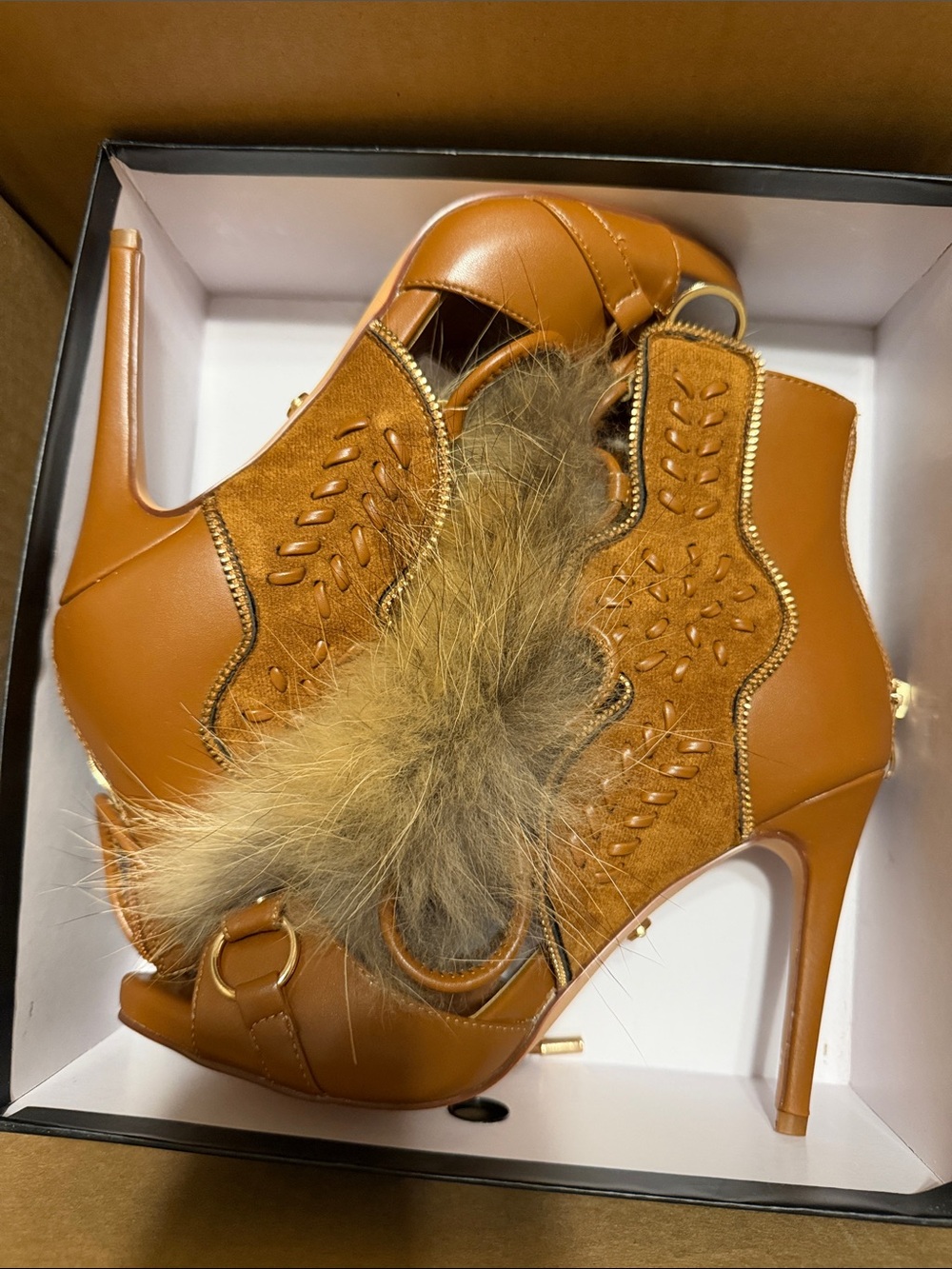 Tan Faux-Fur Accent High Heel Booties for Women